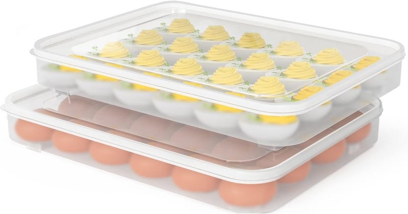 77L Deviled Egg Containers with Lid, (Set of 2), Plastic Egg Holder for Refrigerator for 48 Eggs, Clear Storage Deviled Egg Carrier Tray, Fridge Stackable Countertop Portable Egg Dispenser - Image 1